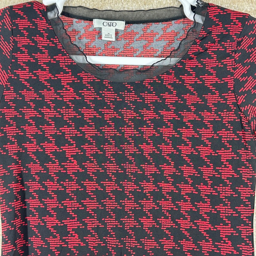 Cato Women 90s Dark Academia Houndstooth Sharkbite Tunic Top Red Black M